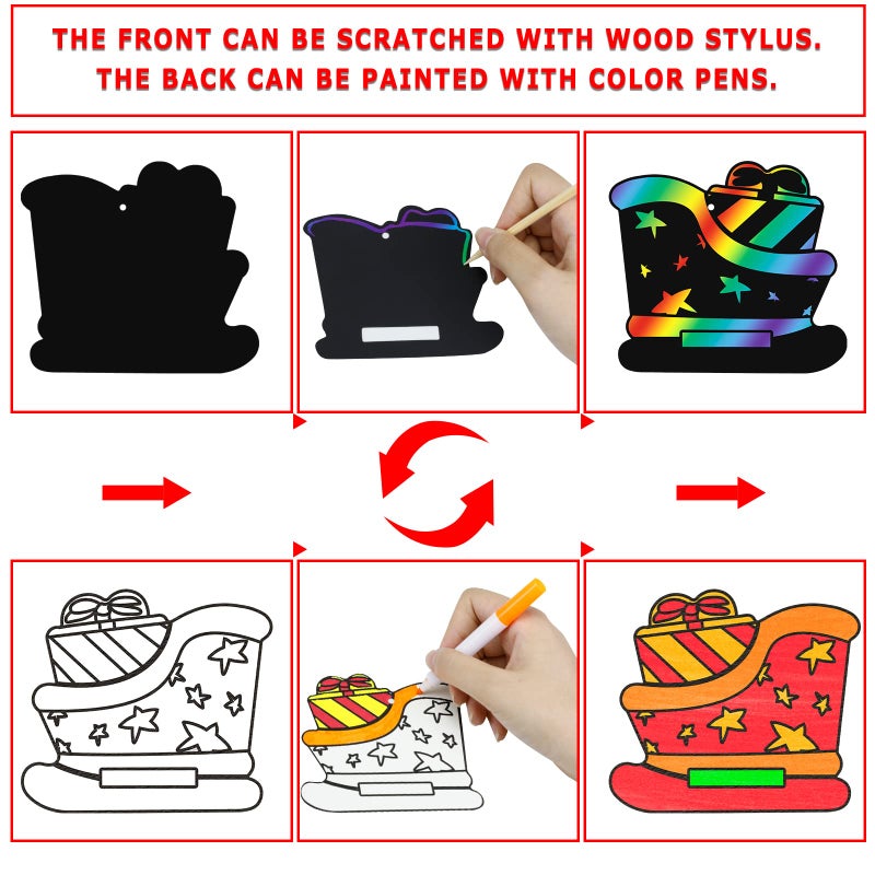 Max Fun Christmas Crafts Scratch Art for Kids, 96PCS Ornaments Rainbow Magic Color Scratch Off Cards Paper Hanging Art Craft Supplies Educational Toys Kit for Kid Party Favor - Image 3